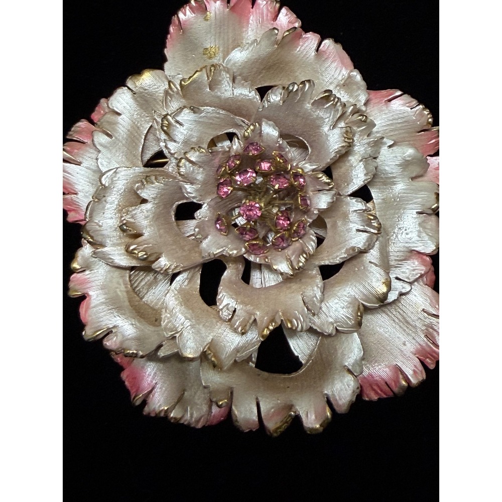 Park Lane Vintage Flower Brooch Pink White Enamel Rhinestone Gold Tone Statement